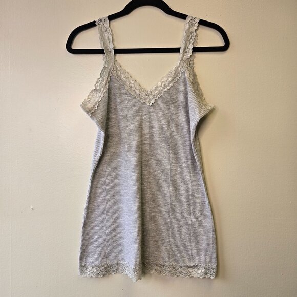 Y2K Vintage L Grey  Waffle Knit Lace Trim Cami Tank Top Long - Picture 1 of 9